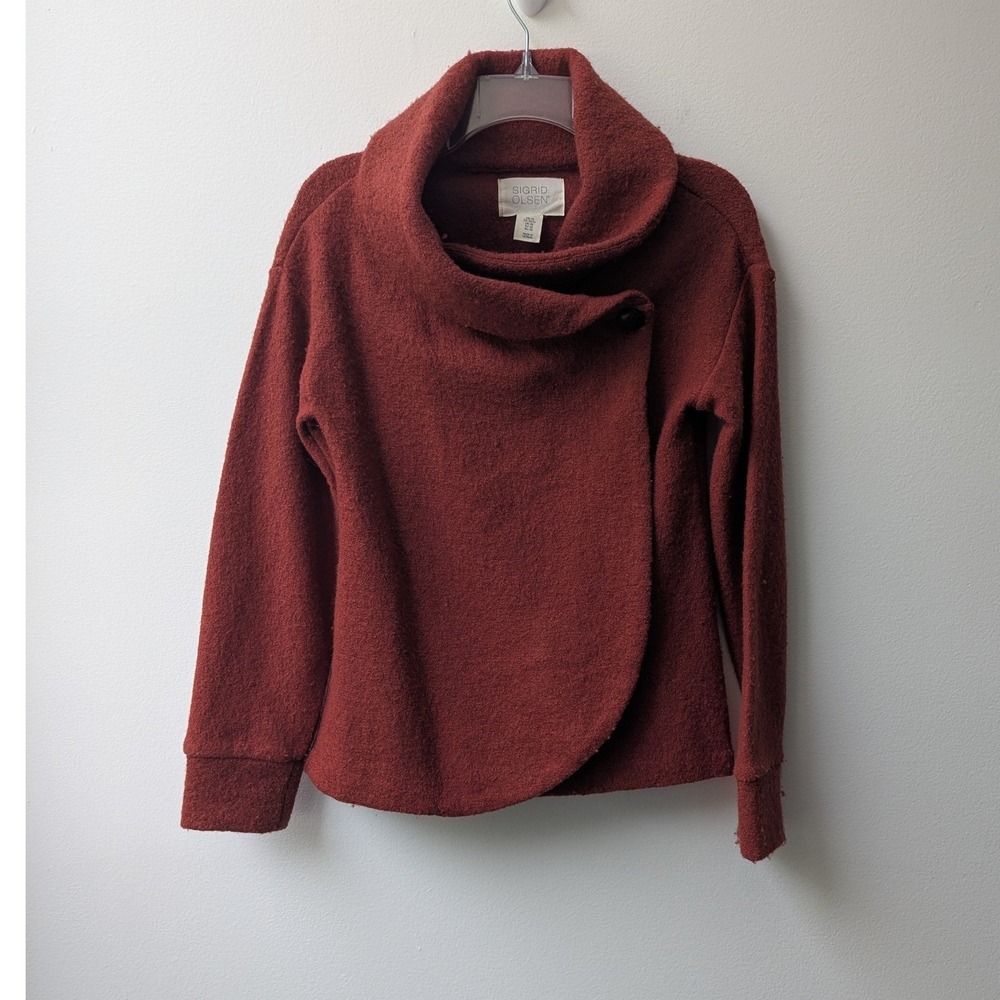 Sigrid Olsen Wrap Sweater Burnt Orange Wool Blend Single Button Funnel Neck XS